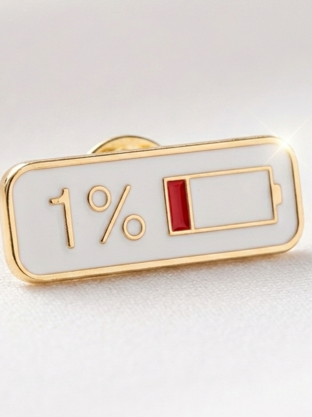 Sleek 1% Battery Low Social Energy Enamel Pin Lapel Brooch - Gold & White